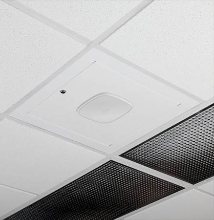 Oberon Model 1042 hard ceiling recessed mount with interchangeable trim, Shown with Aruba Wi-Fi AP